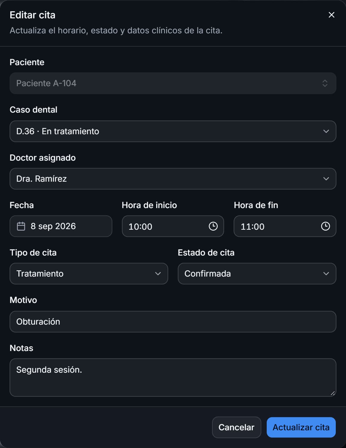 Formulario Editar cita de Endora con fecha, horario, estado y motivo.
