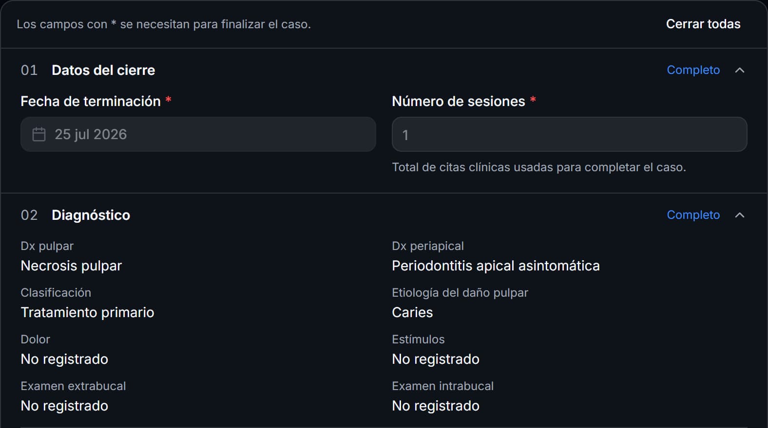 Expediente de cierre de un caso finalizado con los datos del cierre y el diagnóstico.