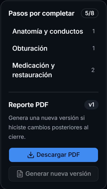 Panel del cierre con los pasos por completar, la versión del reporte PDF y el botón Generar nueva versión.