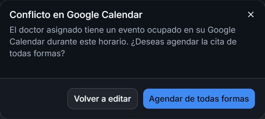 Aviso Conflicto en Google Calendar con las opciones Volver a editar y Agendar de todas formas.