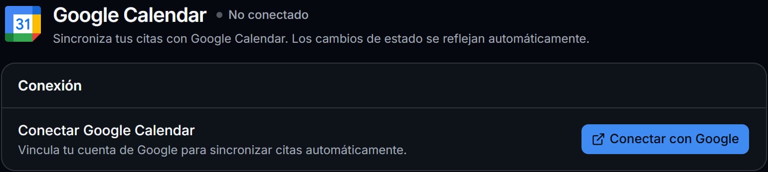 Tarjeta Conexión de Google Calendar en Endora con el botón Conectar con Google.