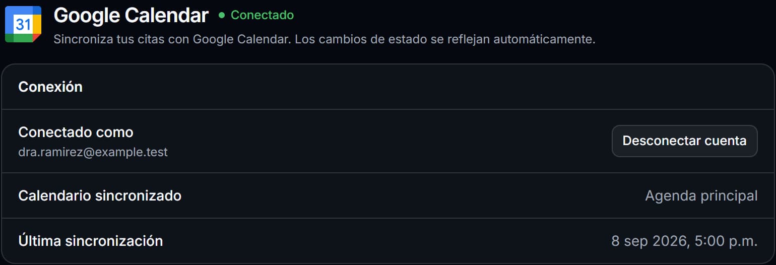 Google Calendar conectado en Endora: cuenta vinculada, calendario sincronizado y última sincronización.
