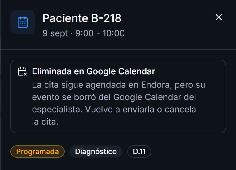 Detalle de una cita marcada como Eliminada en Google Calendar.