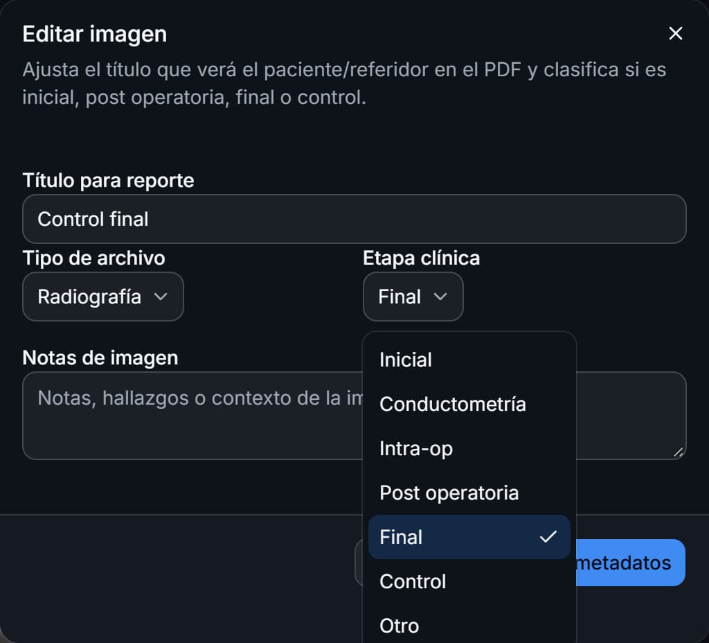Editar imagen en Endora con la lista de etapas abierta y Final seleccionada.