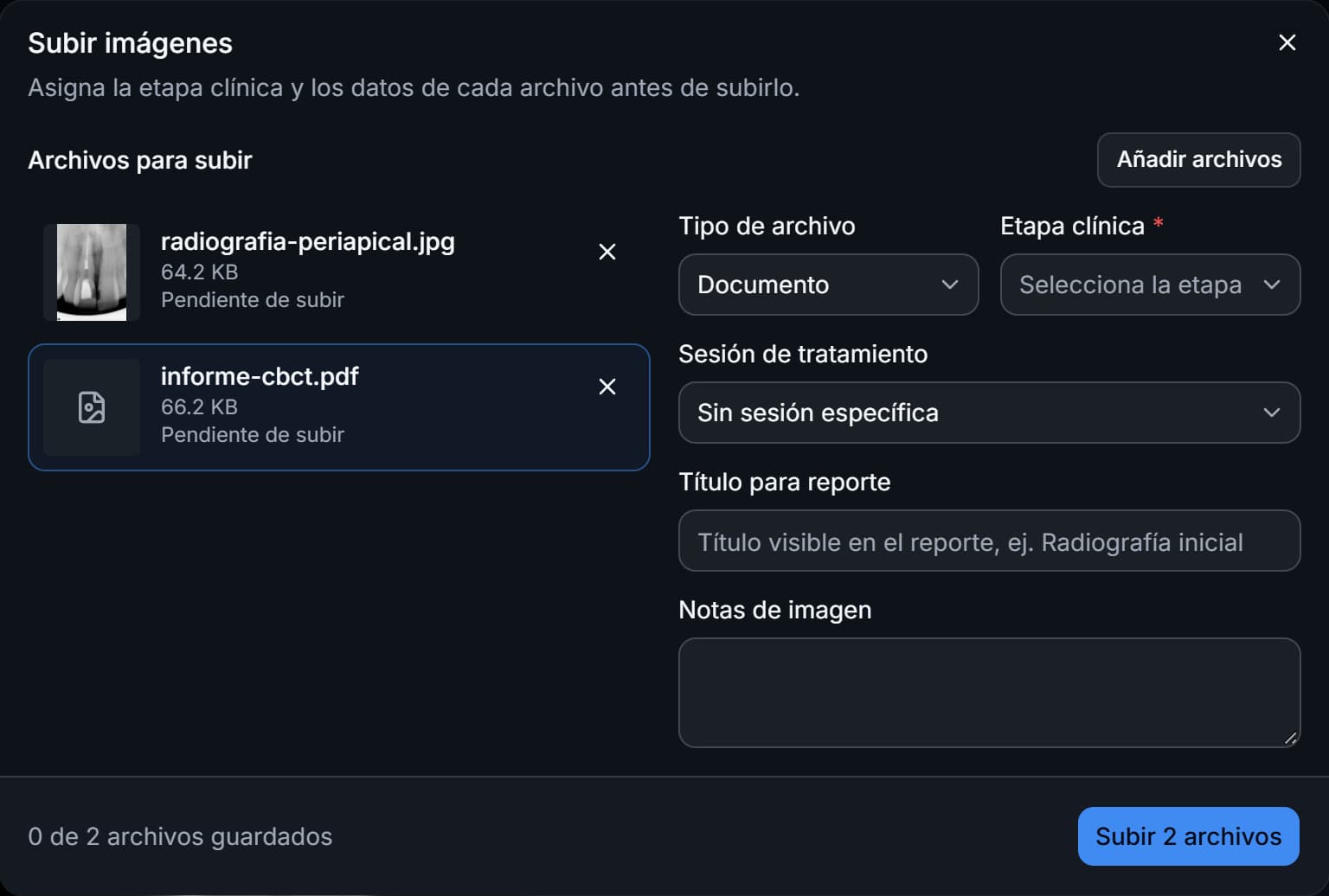 Subir imágenes en Endora con una radiografía JPG y un PDF marcado como Documento.