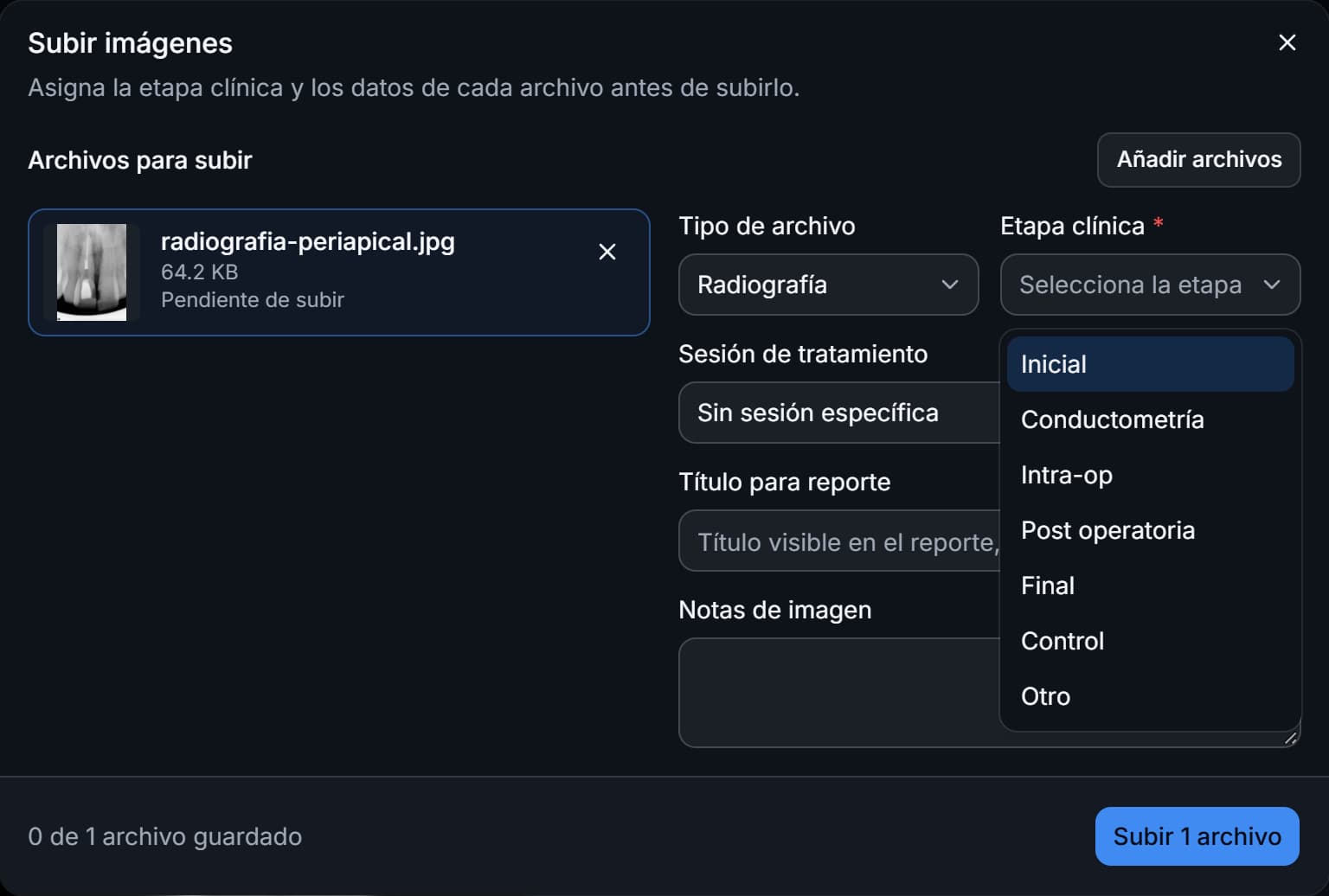 Subir imágenes en Endora con la lista de etapas clínicas abierta.