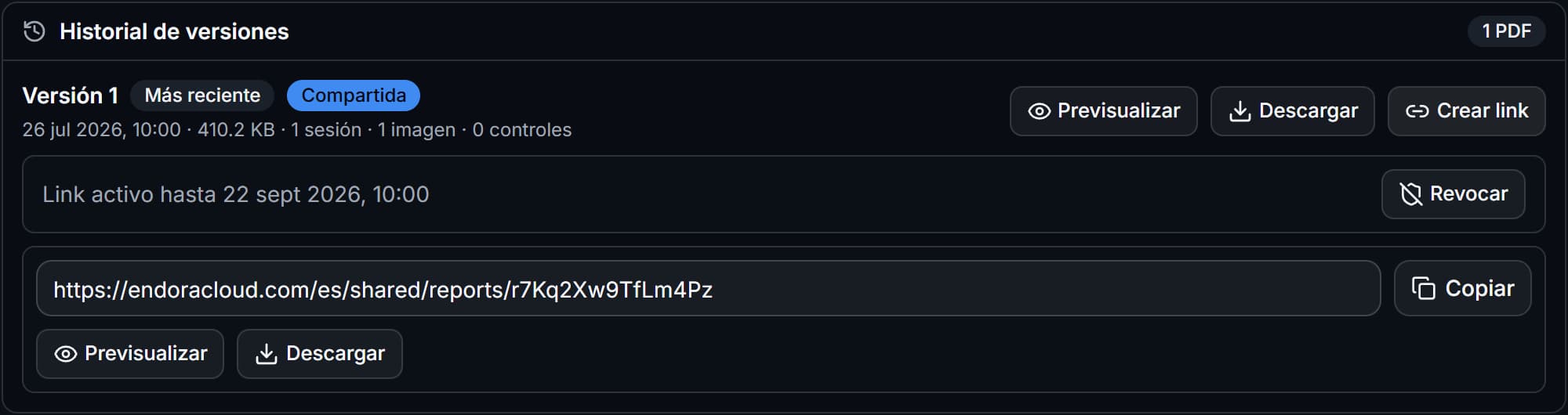 Historial de versiones con un link activo, su fecha de expiración y las opciones Revocar y Copiar.