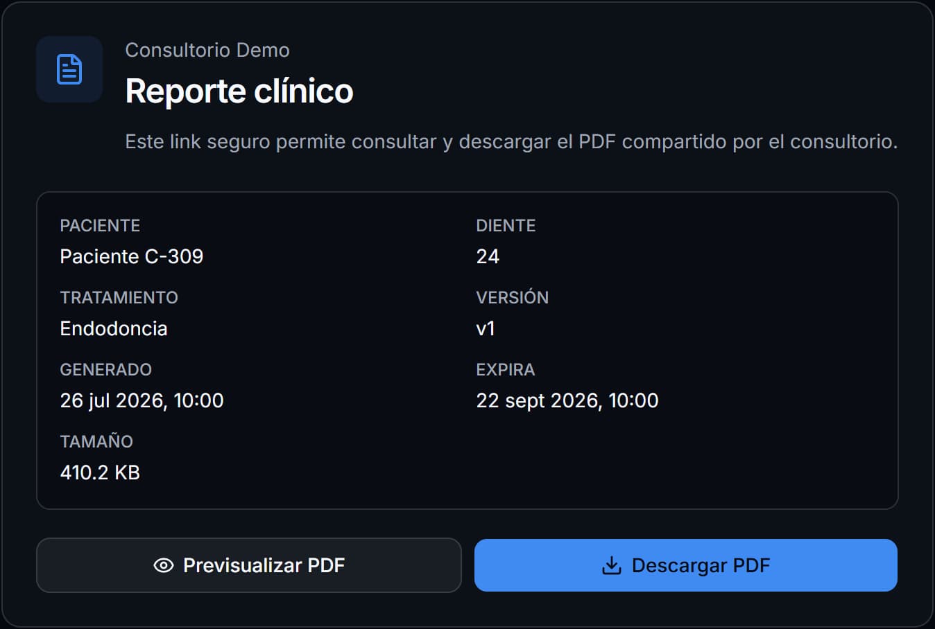 Página que abre el referidor con los datos del reporte y los botones Previsualizar PDF y Descargar PDF.