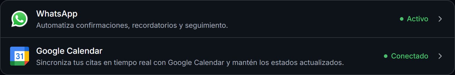 Configuración > Integraciones con WhatsApp activo y Google Calendar conectado.