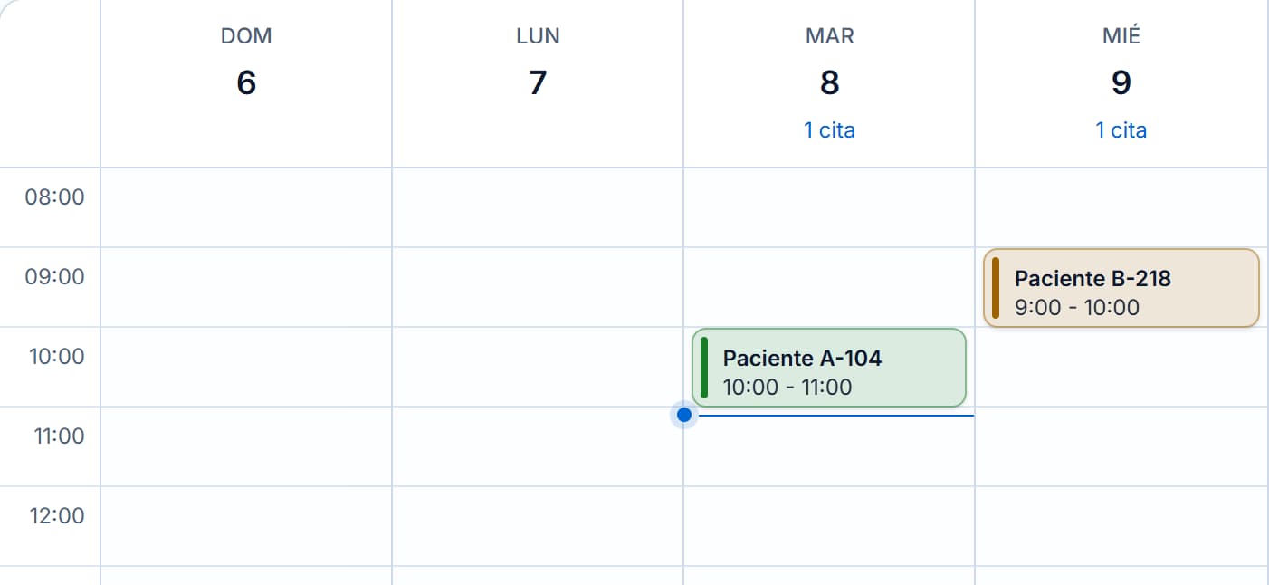 Vista semanal de la agenda de Endora con dos citas de demostración.