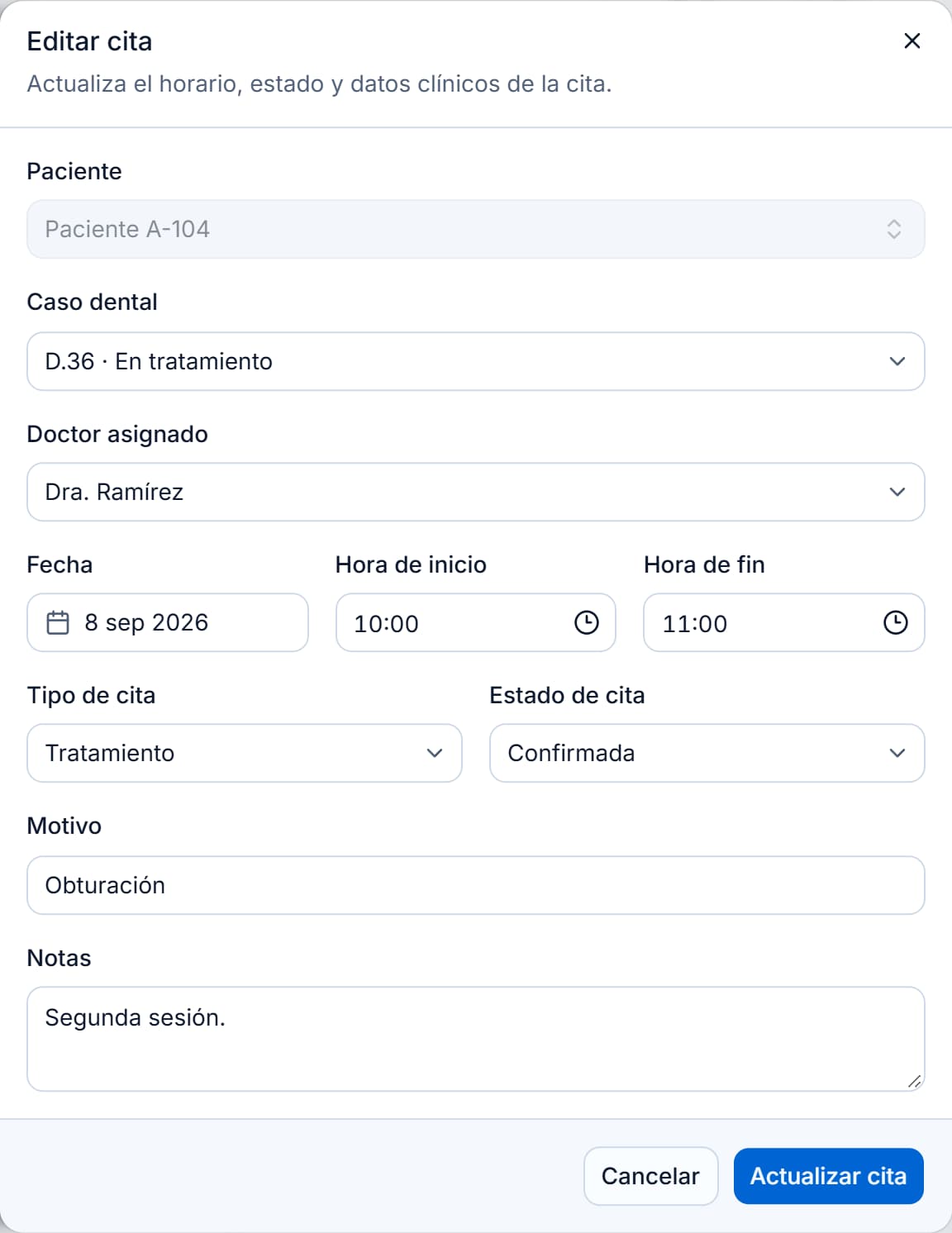 Formulario Editar cita de Endora con fecha, horario, estado y motivo.