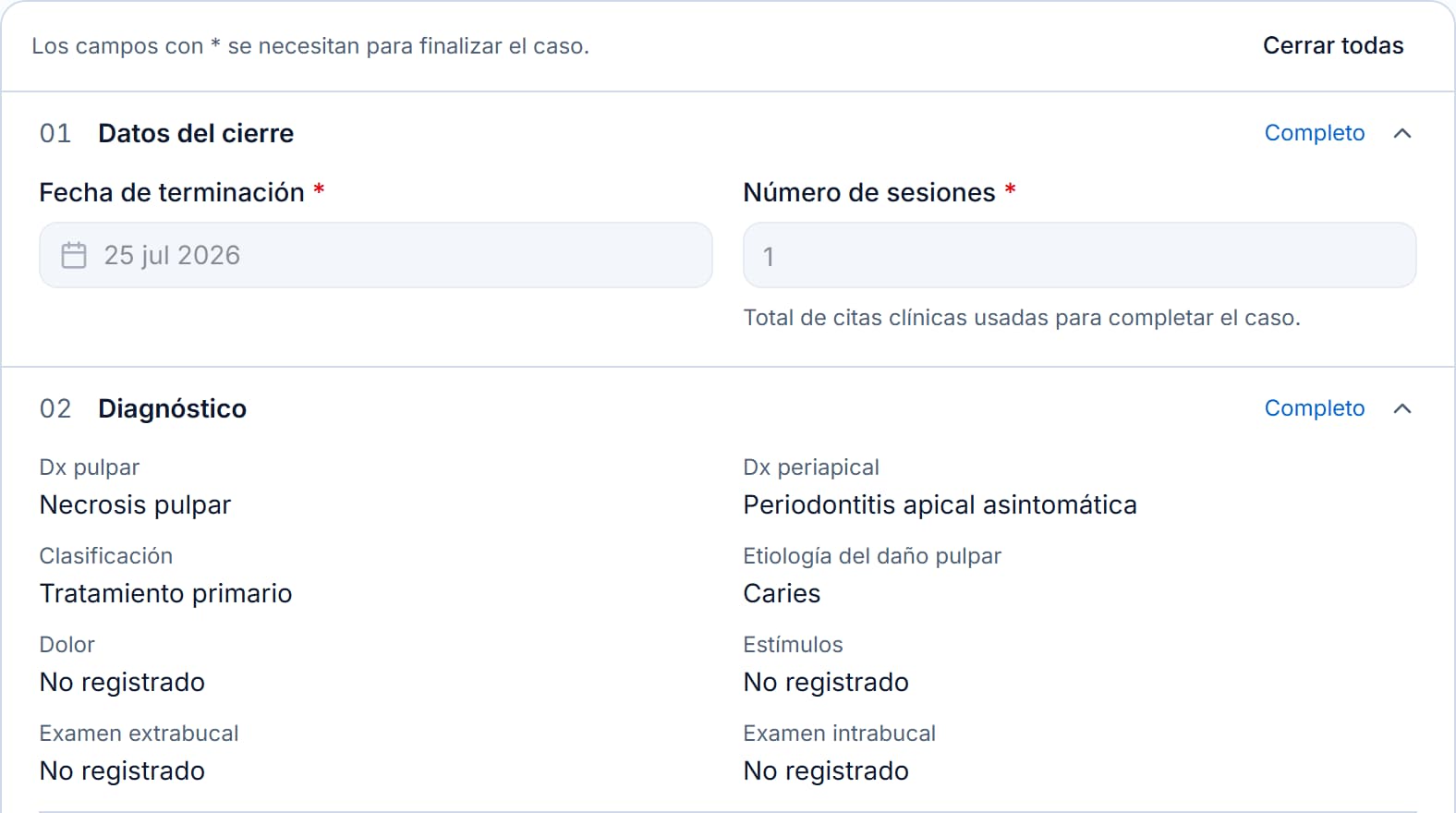 Expediente de cierre de un caso finalizado con los datos del cierre y el diagnóstico.