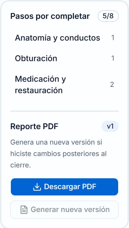 Panel del cierre con los pasos por completar, la versión del reporte PDF y el botón Generar nueva versión.