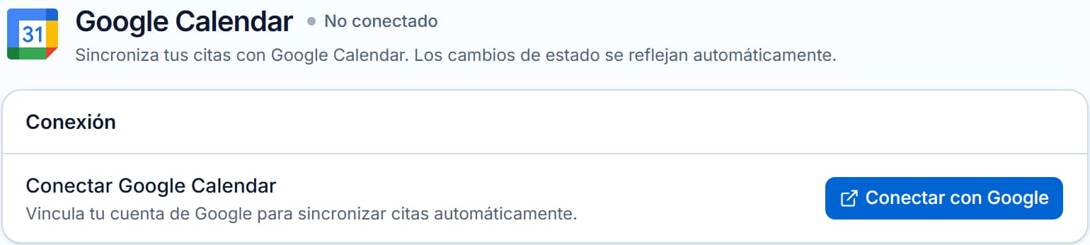 Tarjeta Conexión de Google Calendar en Endora con el botón Conectar con Google.