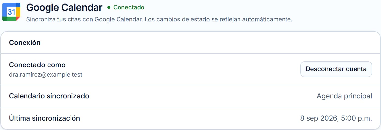 Google Calendar conectado en Endora: cuenta vinculada, calendario sincronizado y última sincronización.