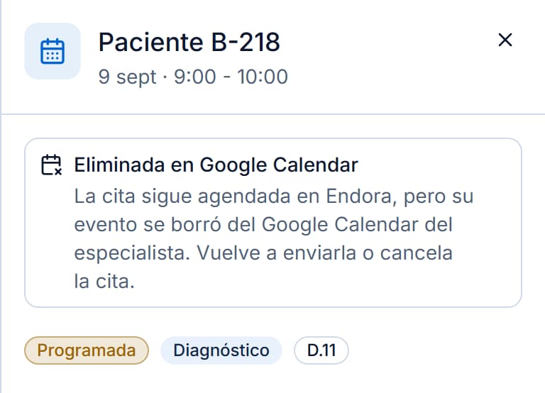 Detalle de una cita marcada como Eliminada en Google Calendar.