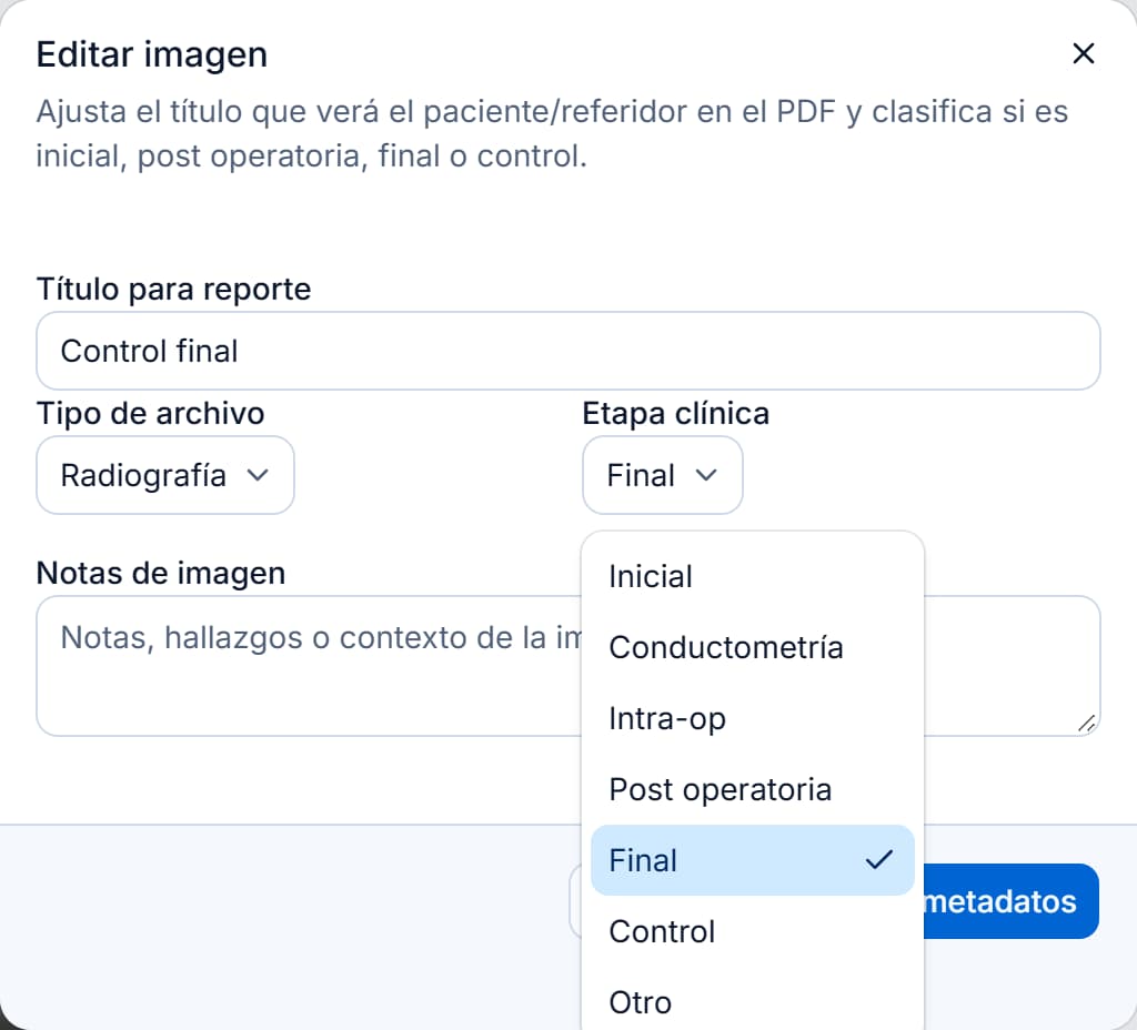 Editar imagen en Endora con la lista de etapas abierta y Final seleccionada.