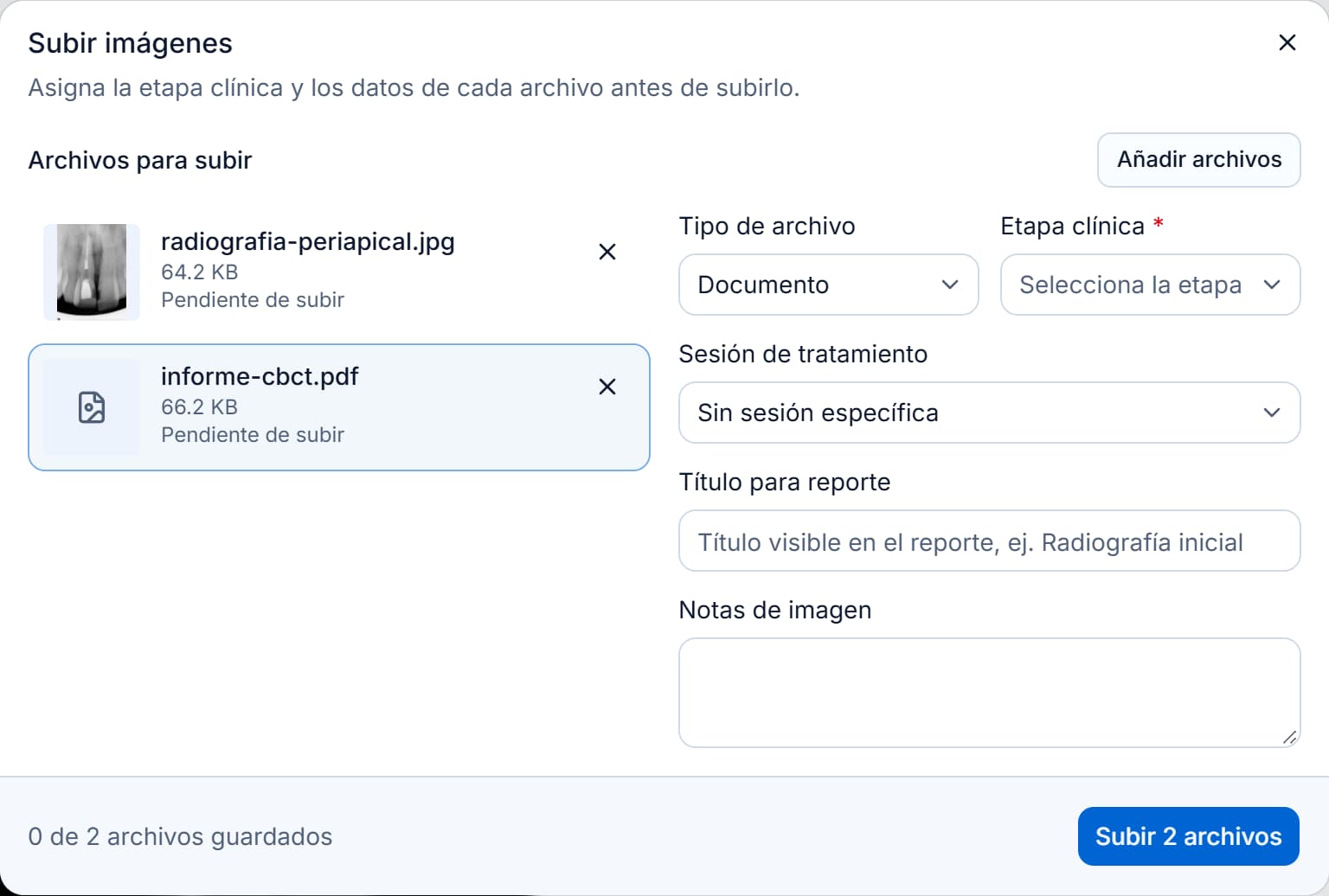 Subir imágenes en Endora con una radiografía JPG y un PDF marcado como Documento.