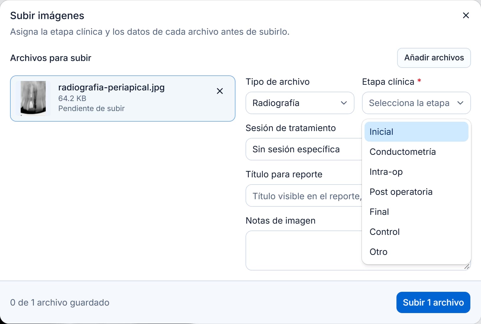 Subir imágenes en Endora con la lista de etapas clínicas abierta.