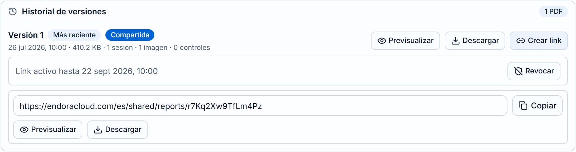 Historial de versiones con un link activo, su fecha de expiración y las opciones Revocar y Copiar.