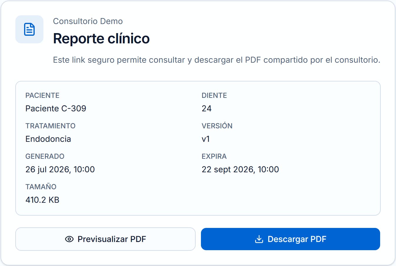 Página que abre el referidor con los datos del reporte y los botones Previsualizar PDF y Descargar PDF.