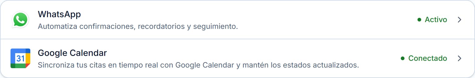 Configuración > Integraciones con WhatsApp activo y Google Calendar conectado.