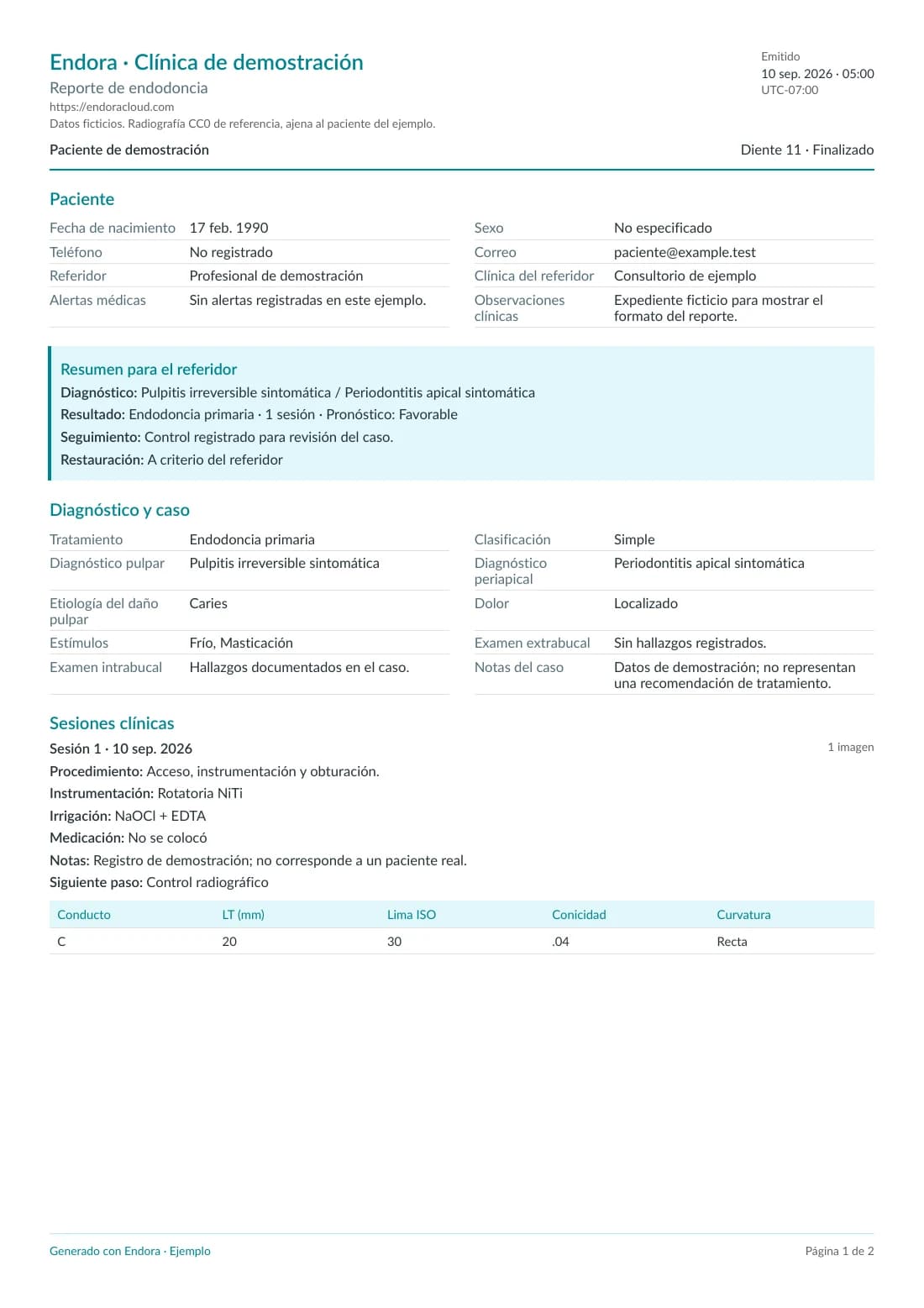 Primera página de un reporte de endodoncia de ejemplo, con diagnóstico, resumen para el referidor y sesión clínica.