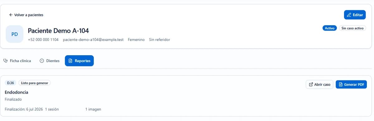 Pestaña Reportes del paciente: caso finalizado y botón Generar PDF.
