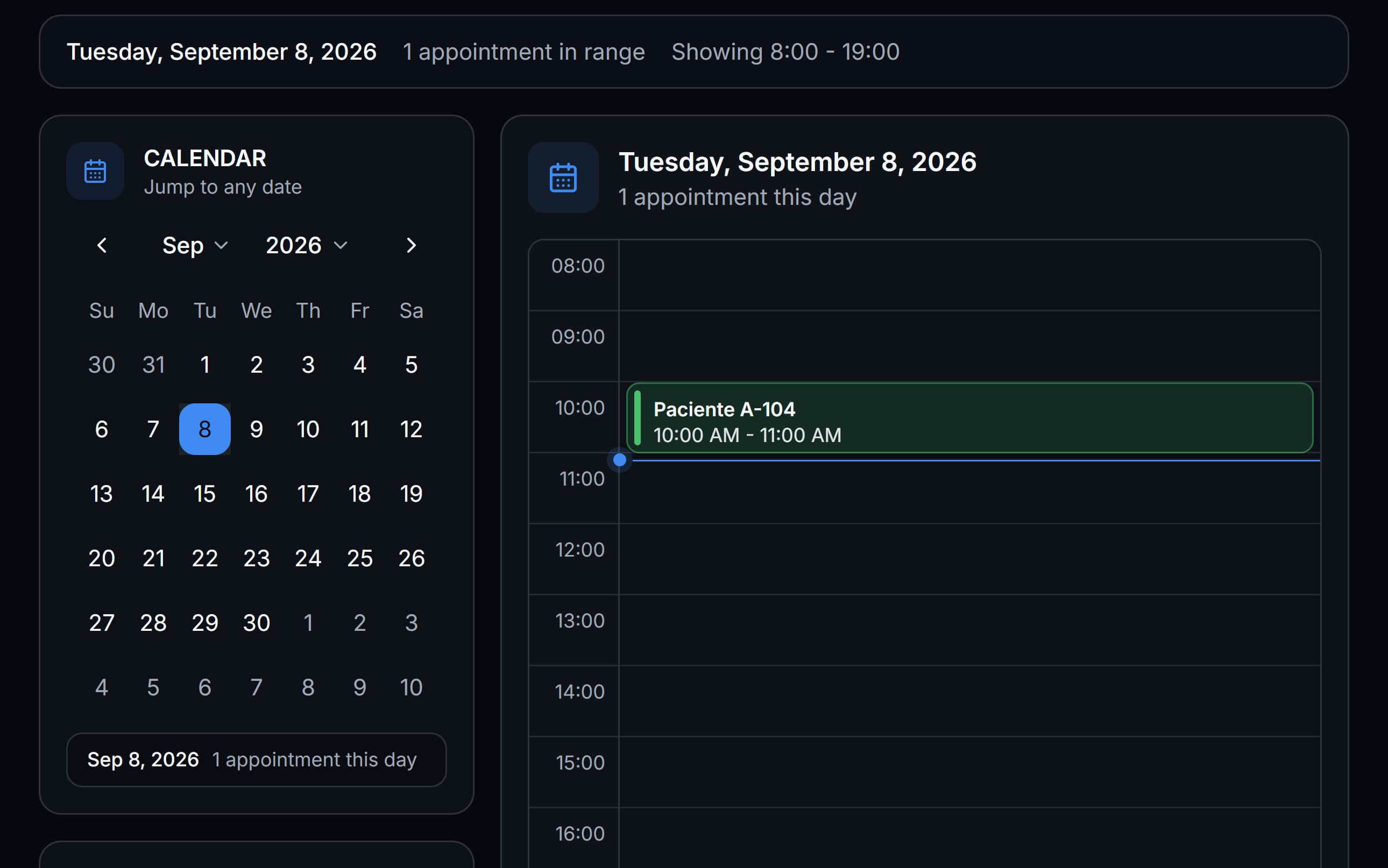 Endora daily schedule with an appointment linked to its patient and clinical case
