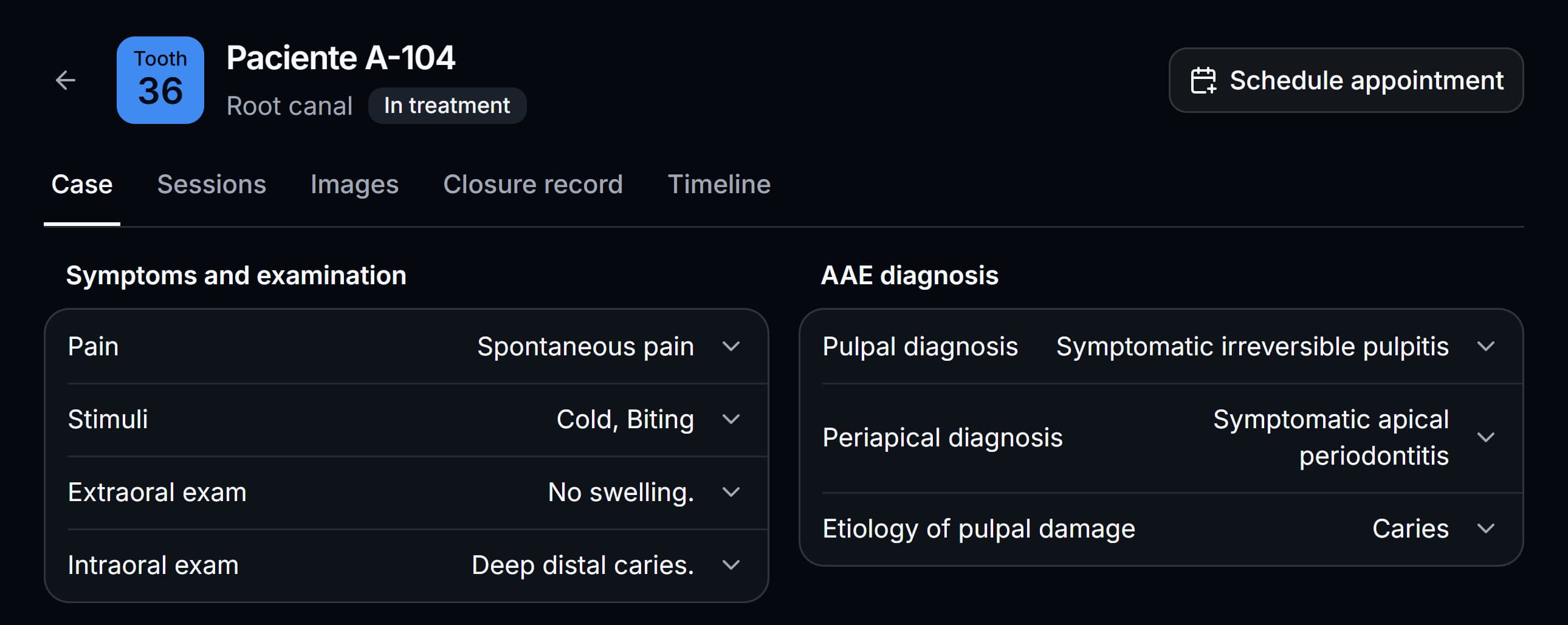 Endodontic case record for tooth 36, with clinical alerts, examination findings and diagnosis.