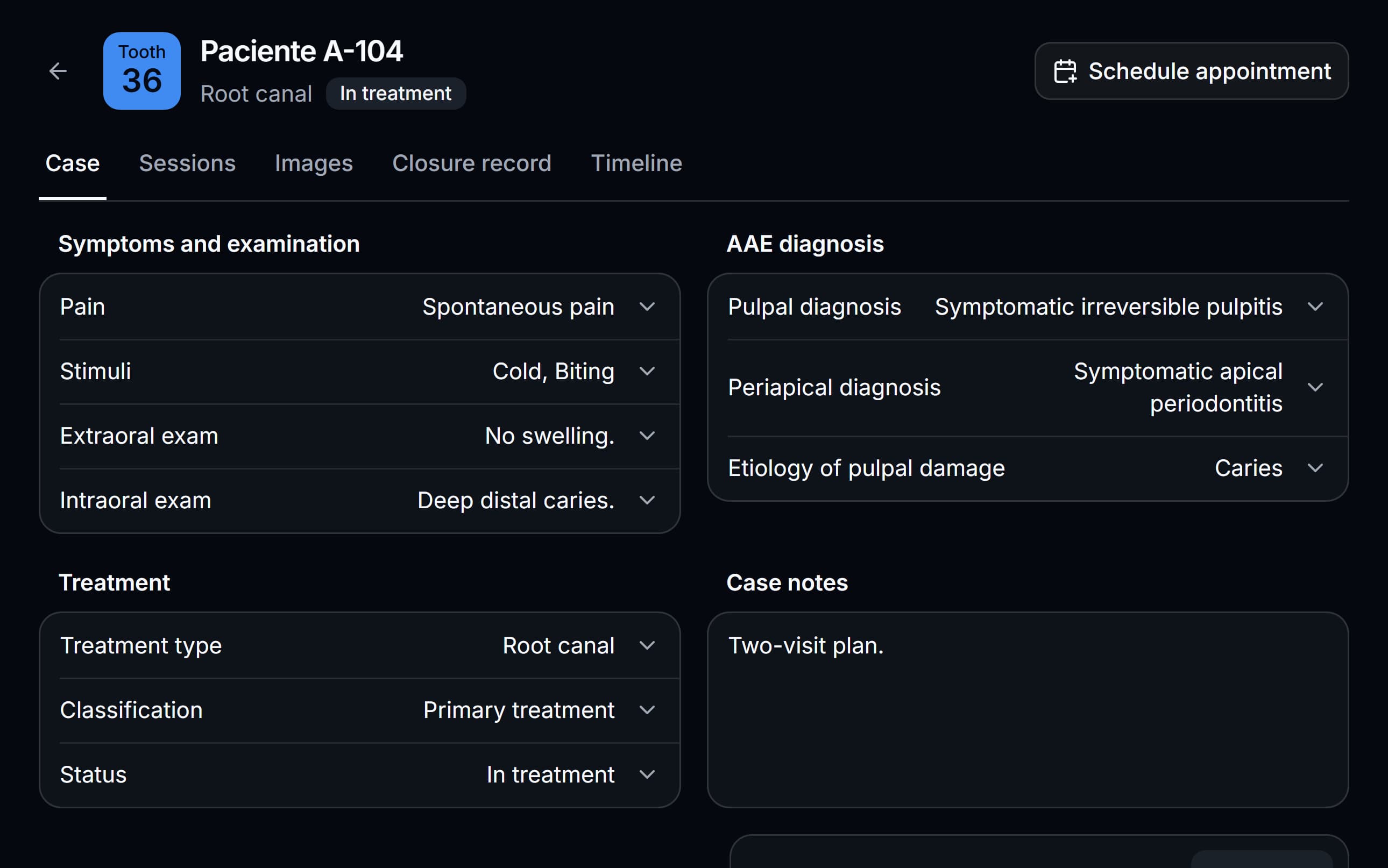 Endodontic clinical case in Endora with AAE diagnosis, stimuli and notes