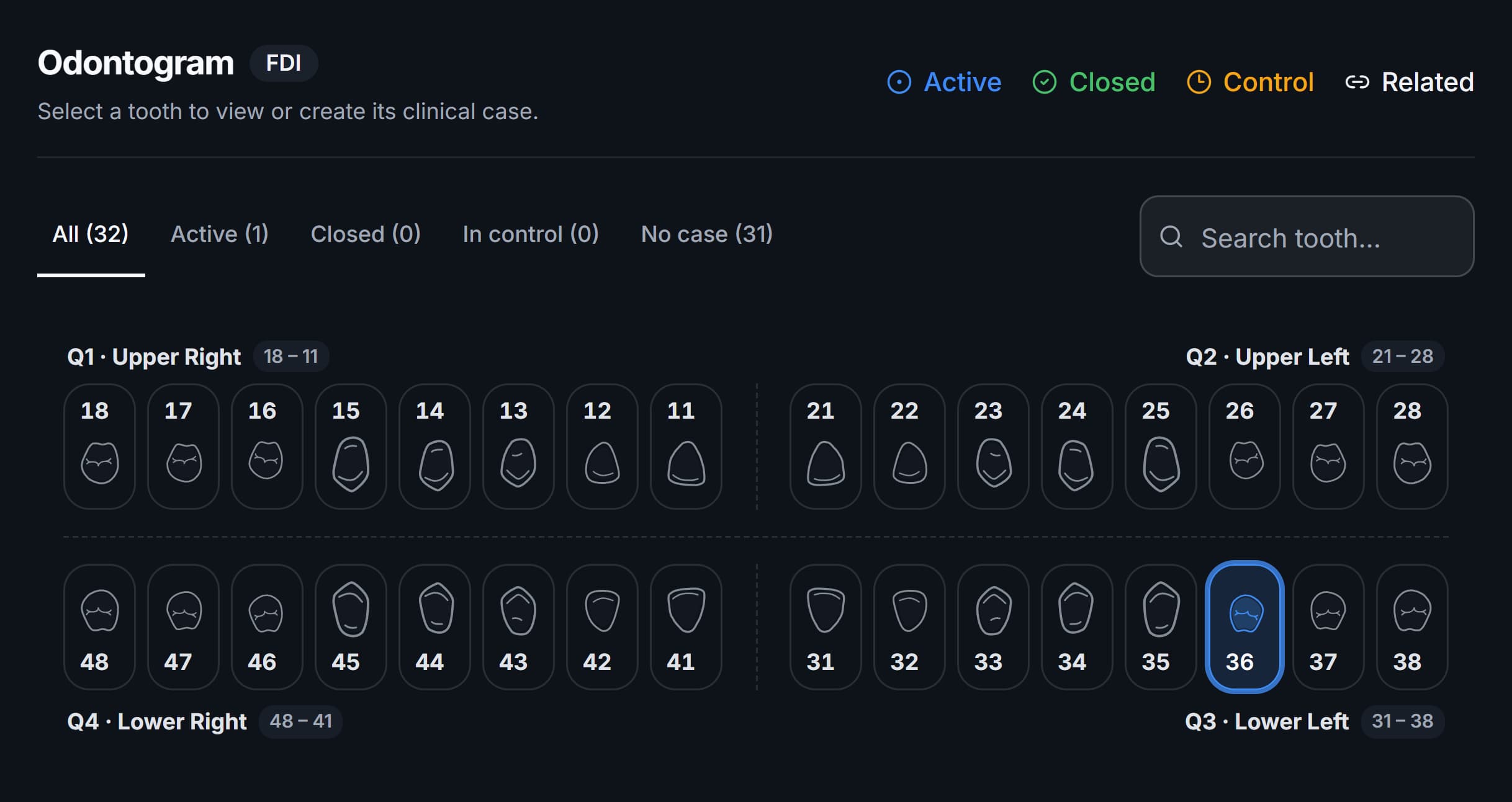 Endora tooth chart showing tooth statuses with tooth 36 selected