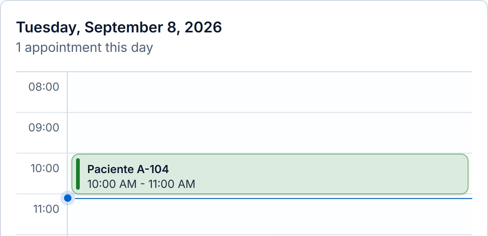 Endora daily schedule showing an appointment and its time