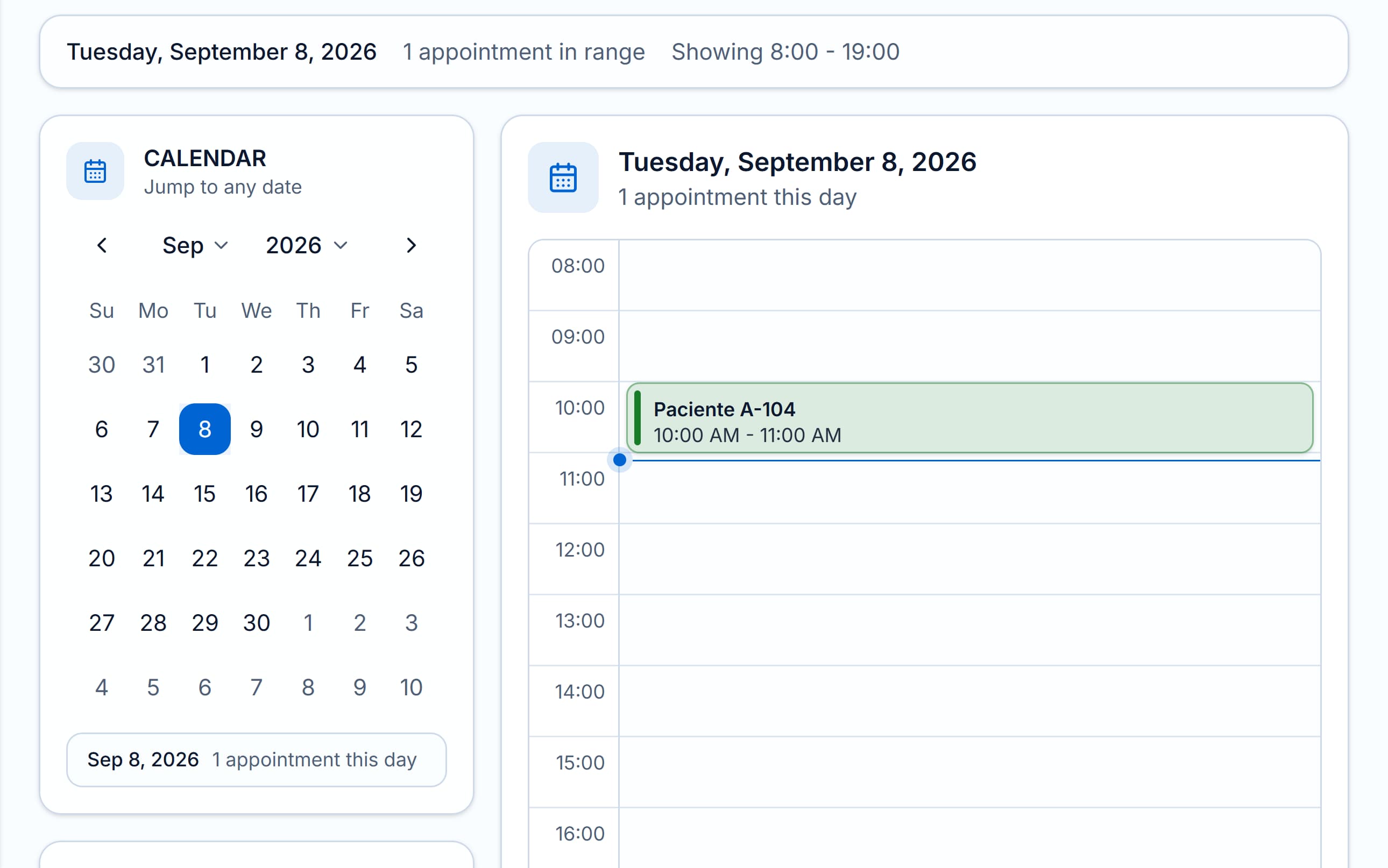 Endora daily schedule with an appointment linked to its patient and clinical case