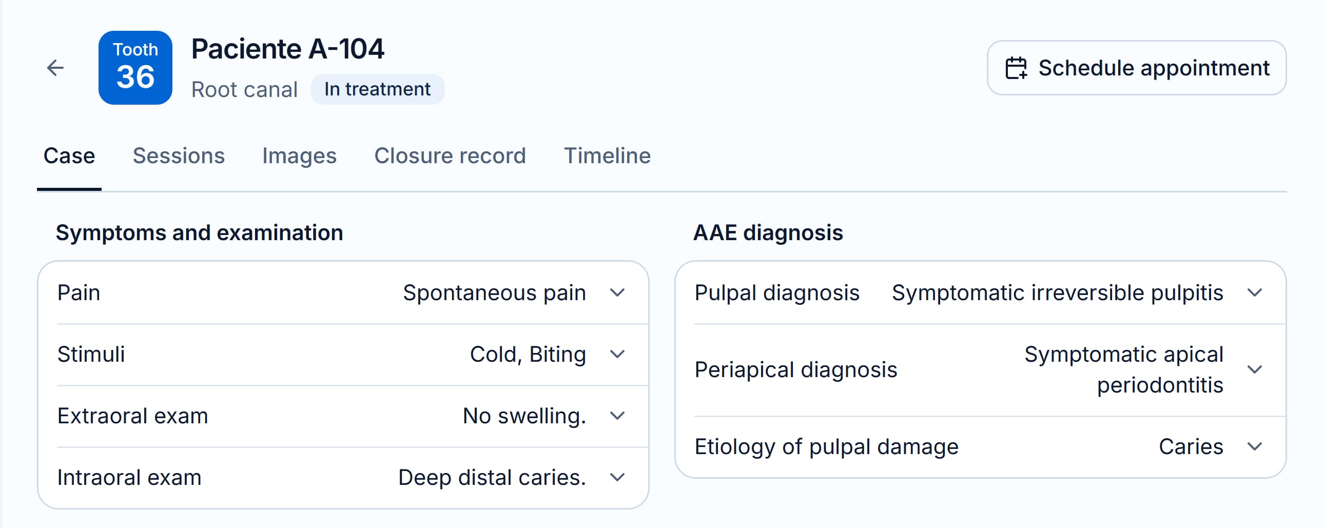 Endodontic case record for tooth 36, with clinical alerts, examination findings and diagnosis.