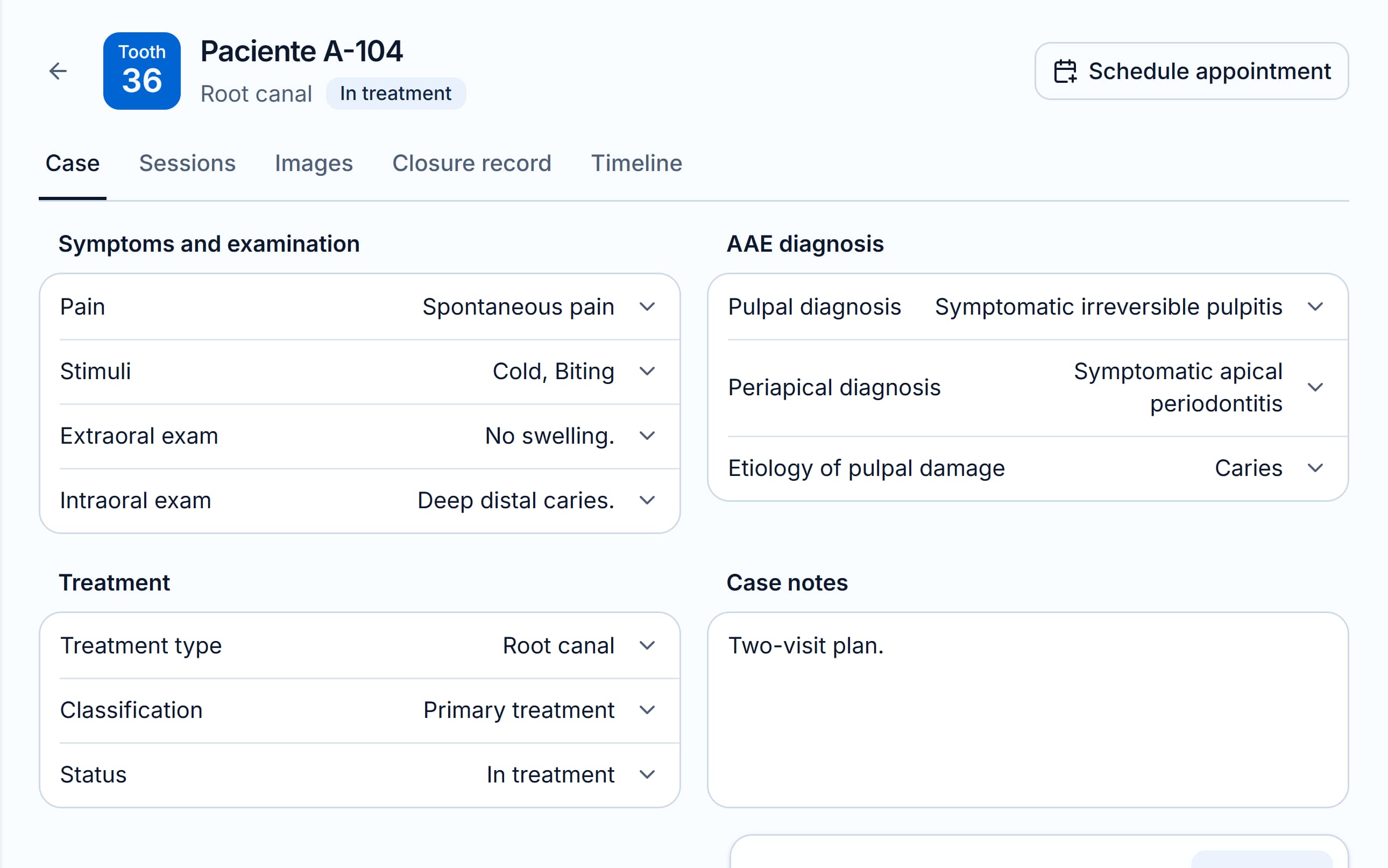 Endodontic clinical case in Endora with AAE diagnosis, stimuli and notes