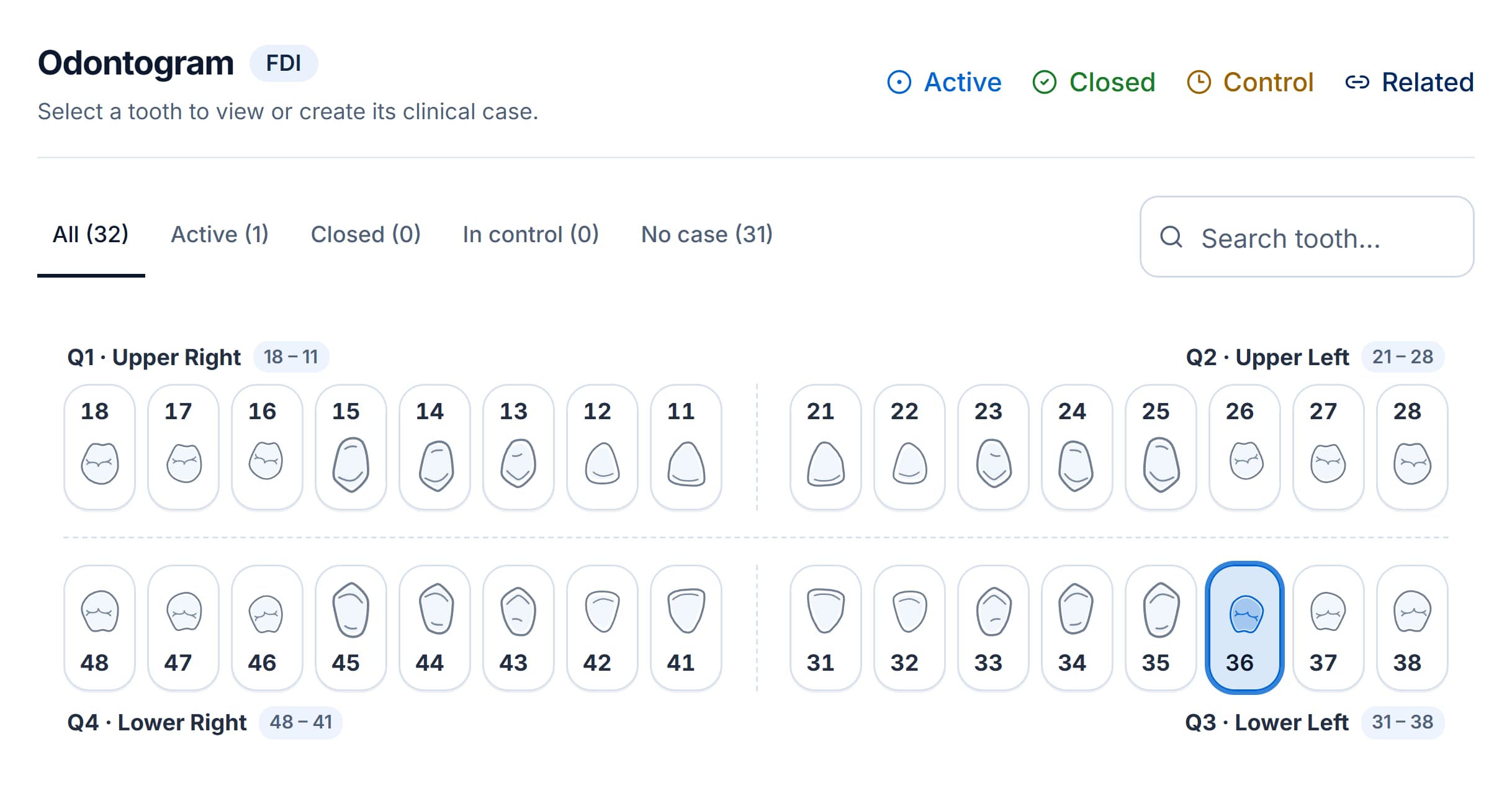 Endora tooth chart showing tooth statuses with tooth 36 selected