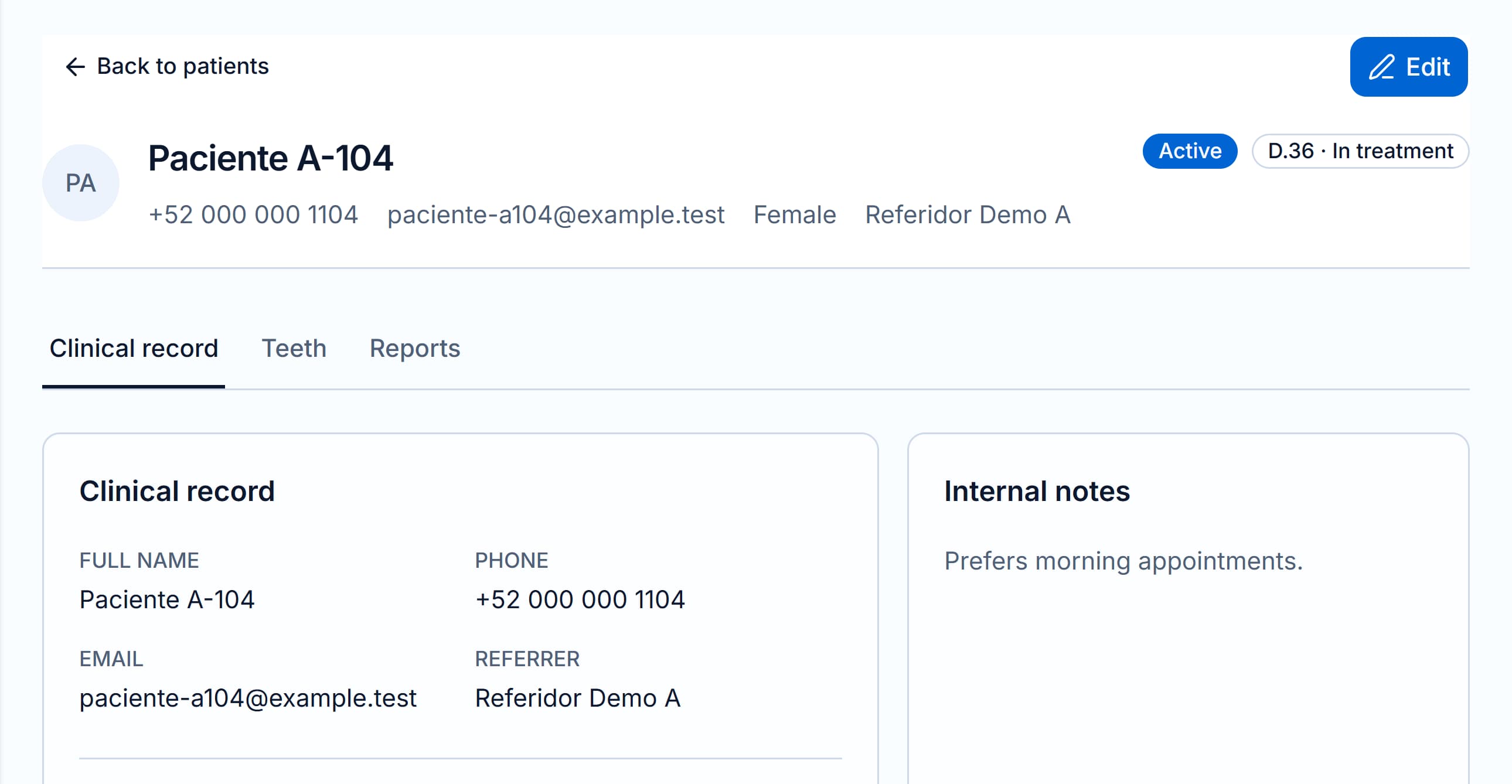 Endora clinical record with patient contact details