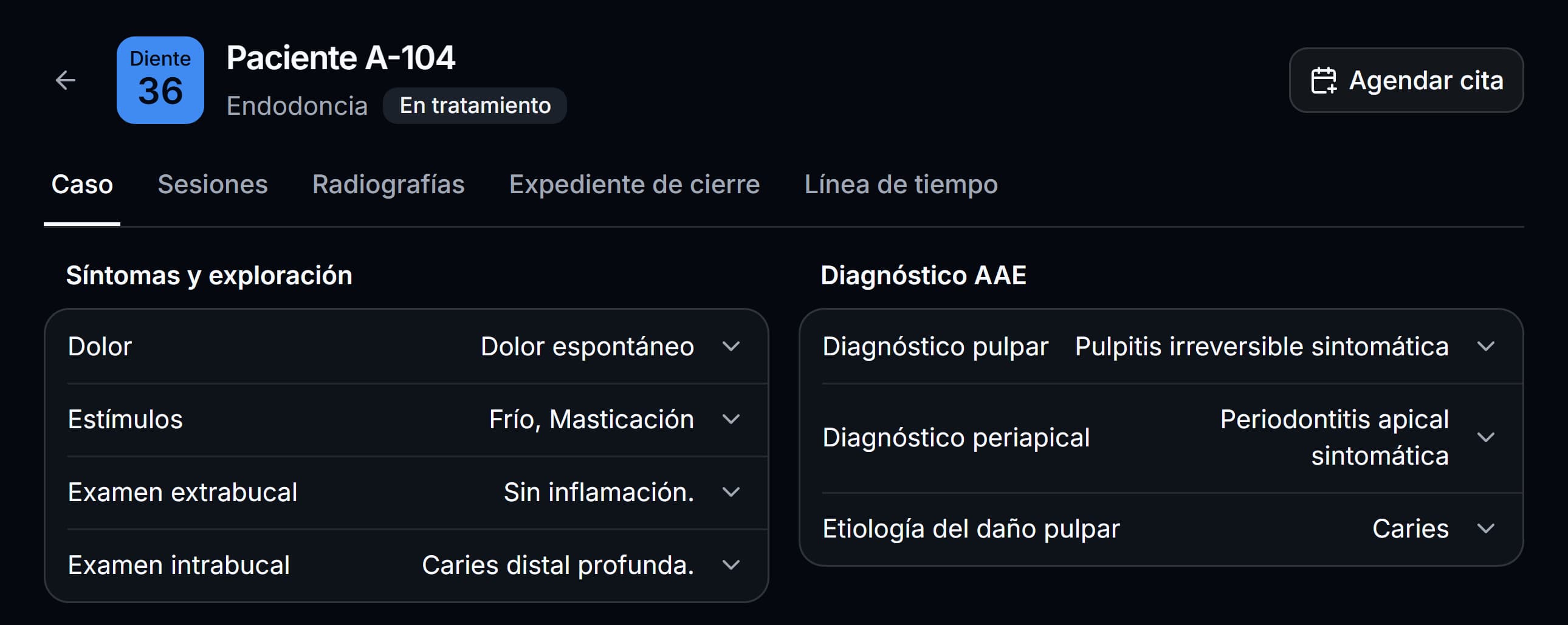 Evaluación del caso del diente 36, con acceso a sesiones y radiografías en Endora.