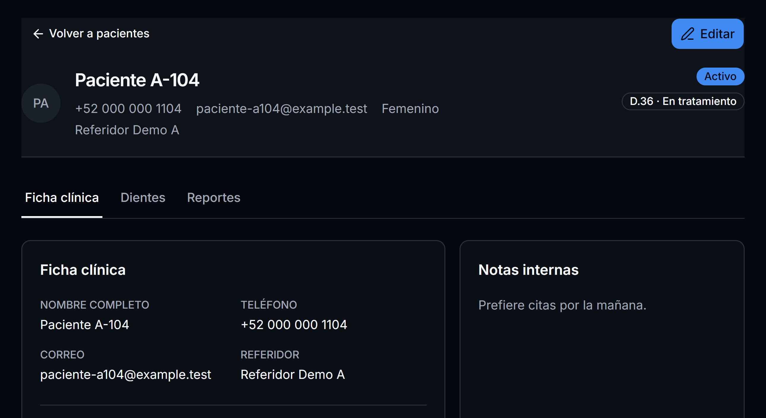 Expediente de un paciente de demostración en Endora.
