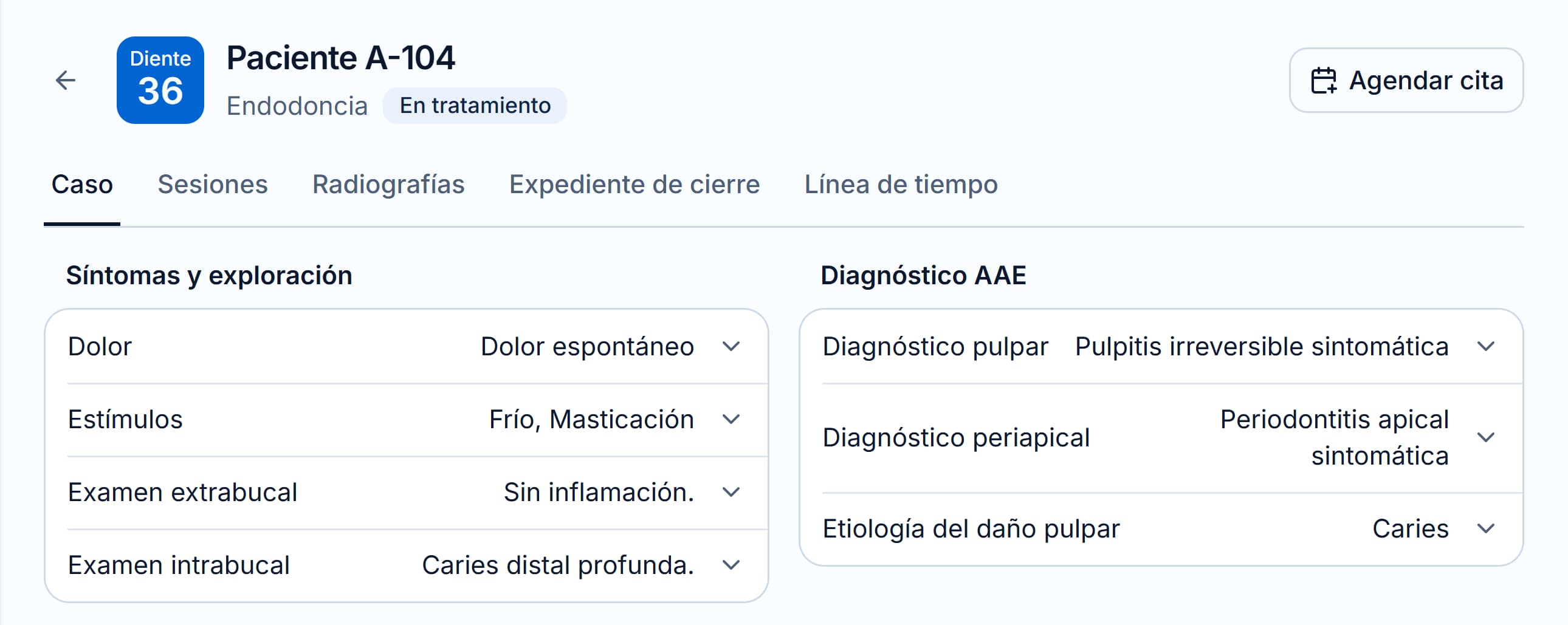 Evaluación del caso del diente 36, con acceso a sesiones y radiografías en Endora.