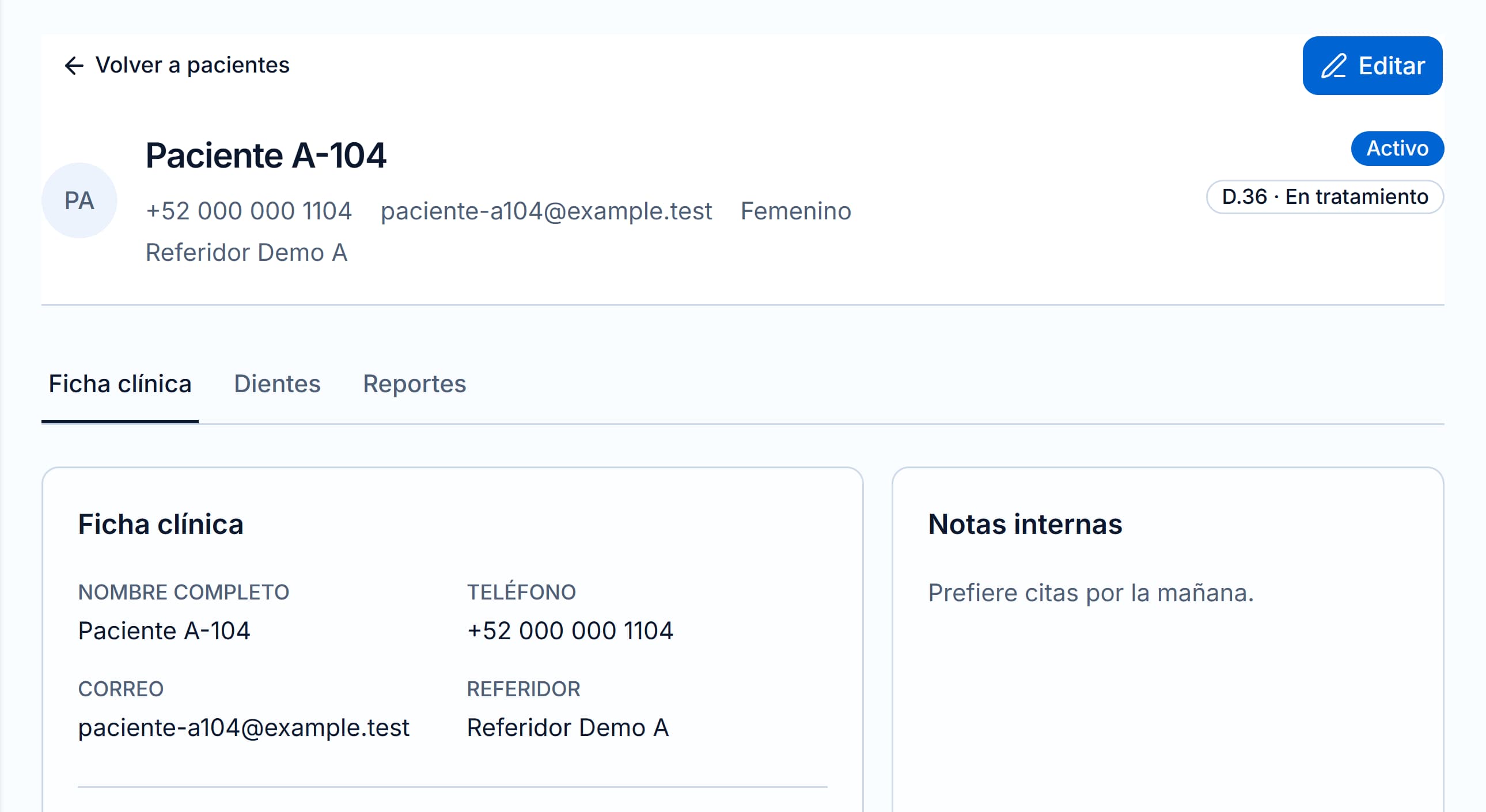 Expediente de un paciente de demostración en Endora.