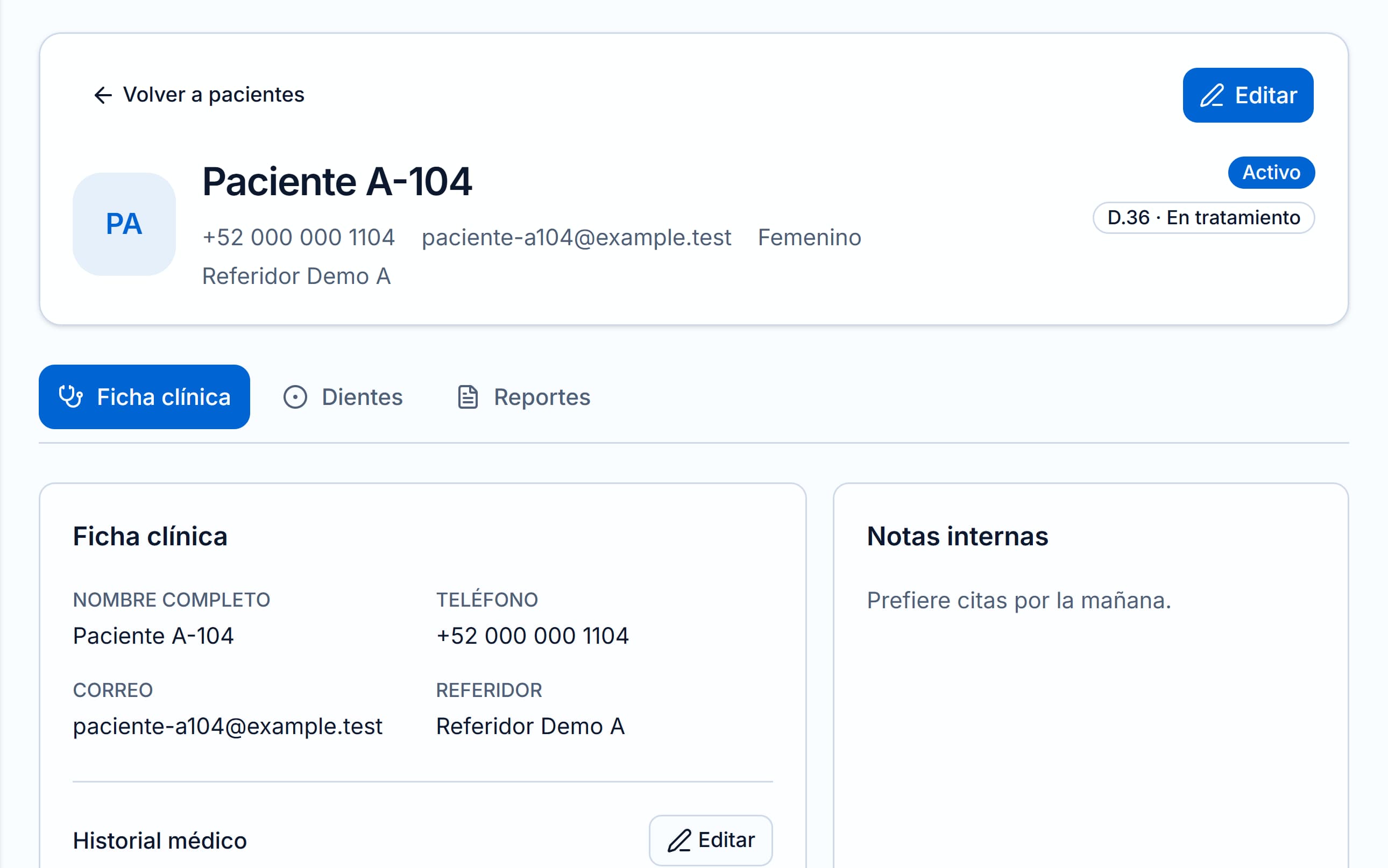 Ficha clínica de un paciente en Endora con alertas médicas y observaciones